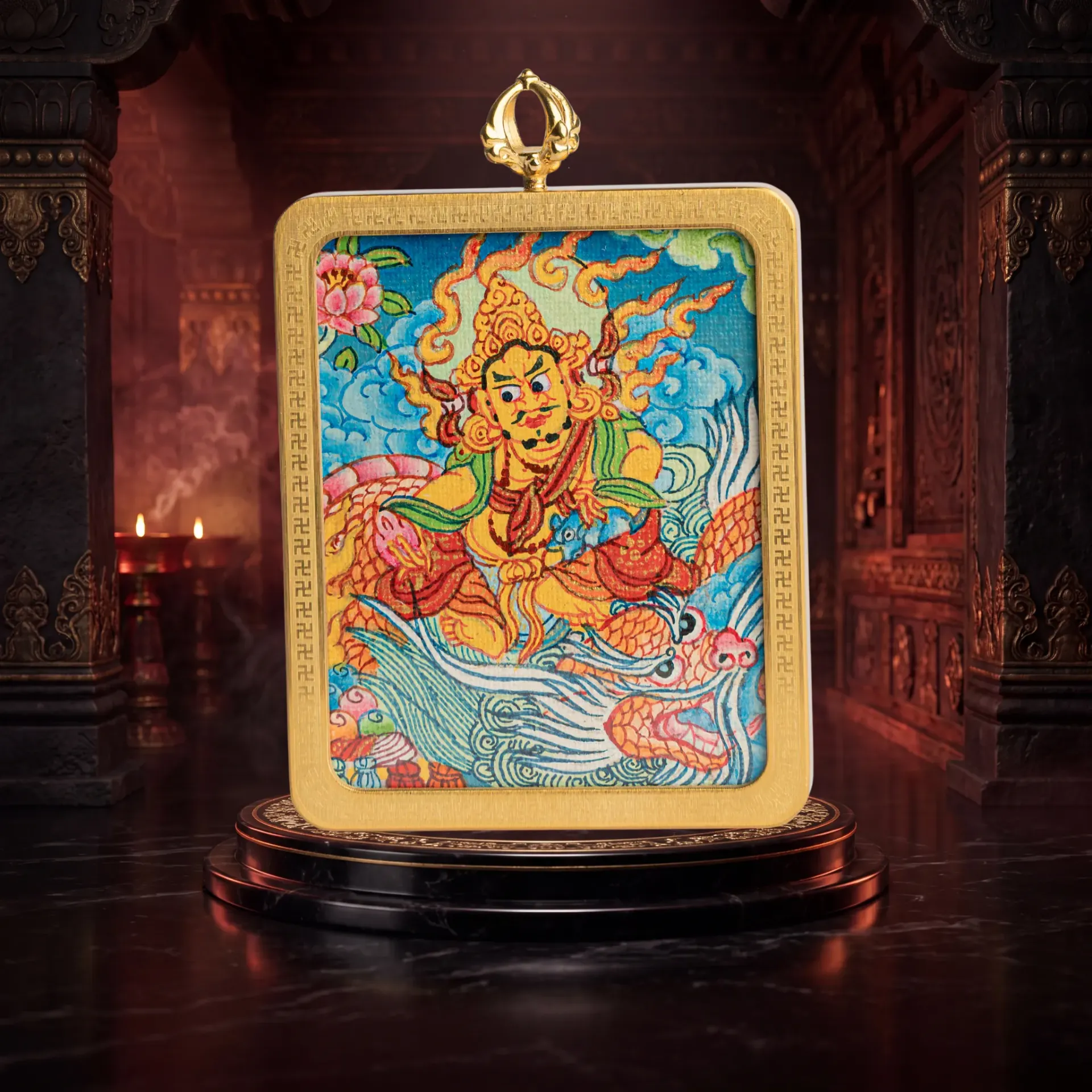 Hand-Painted Yellow Jambhala Riding Sea Lion Ghau Locket Thangka