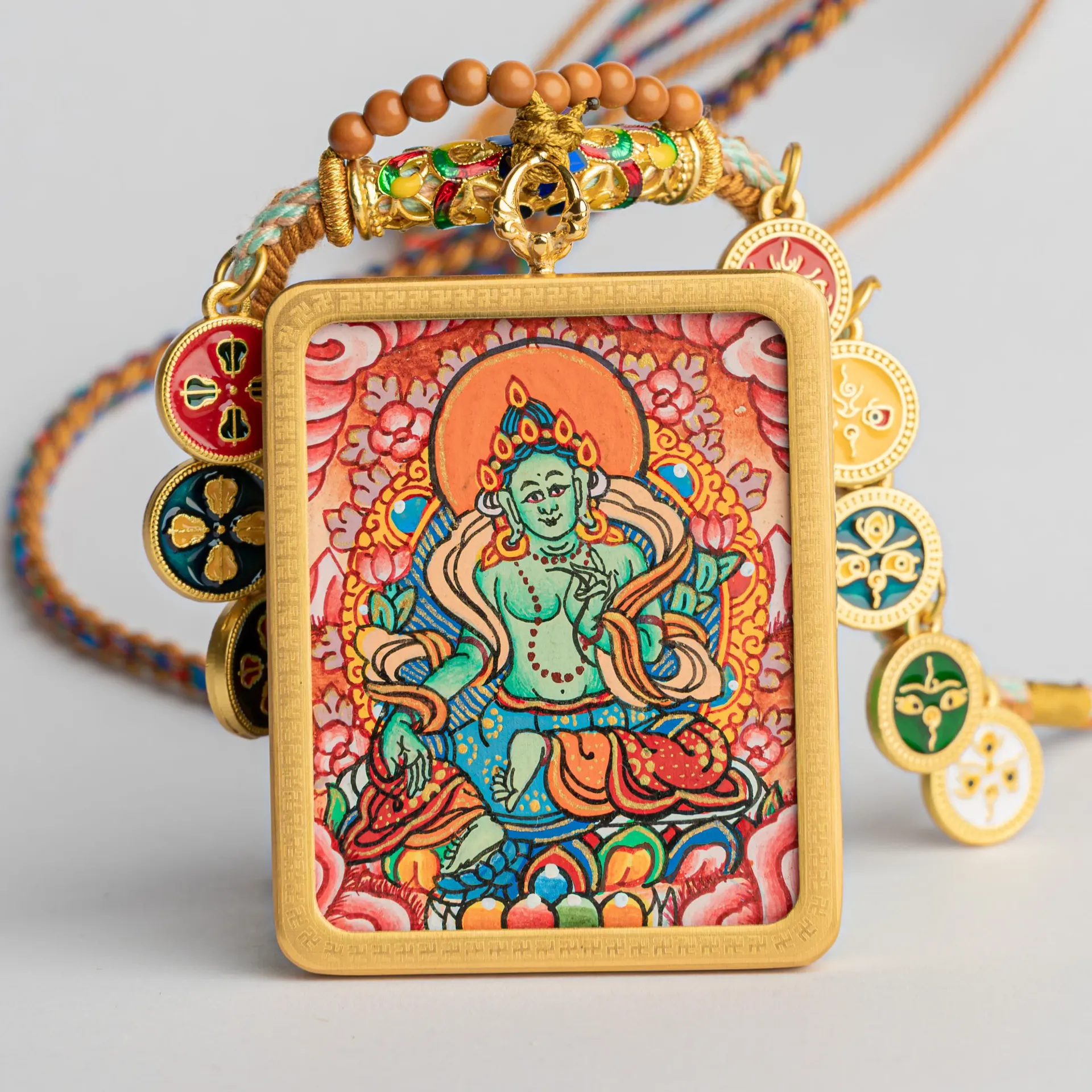 Hand-Painted Green Tara Ghau Locket Thangka Pendant