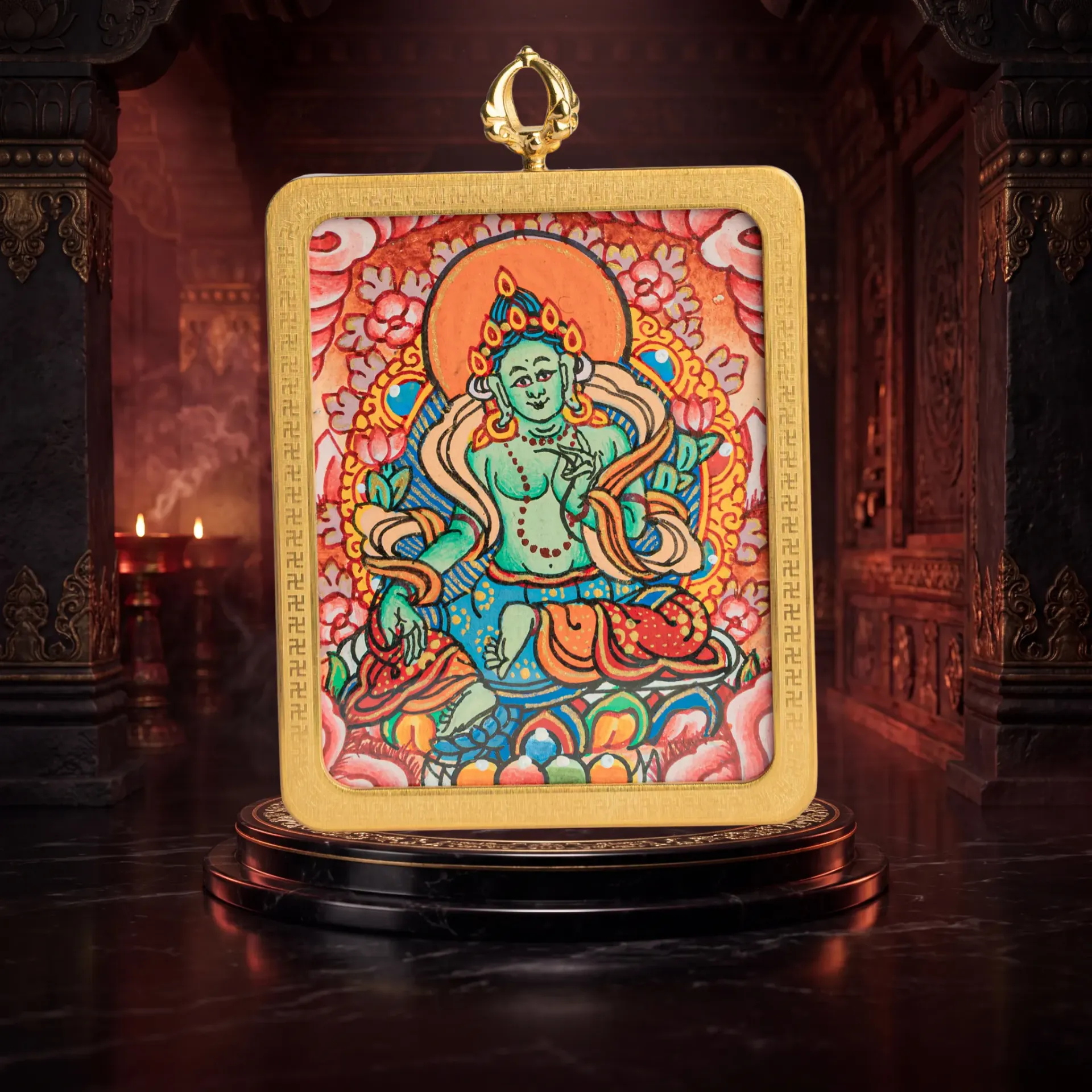 Hand-Painted Green Tara Ghau Locket Thangka Pendant