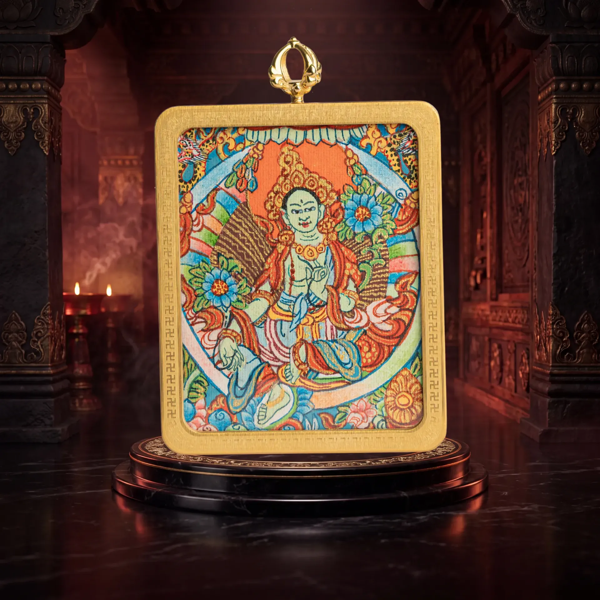Hand-Painted Green Tara Ghau Locket Thangka Pendant