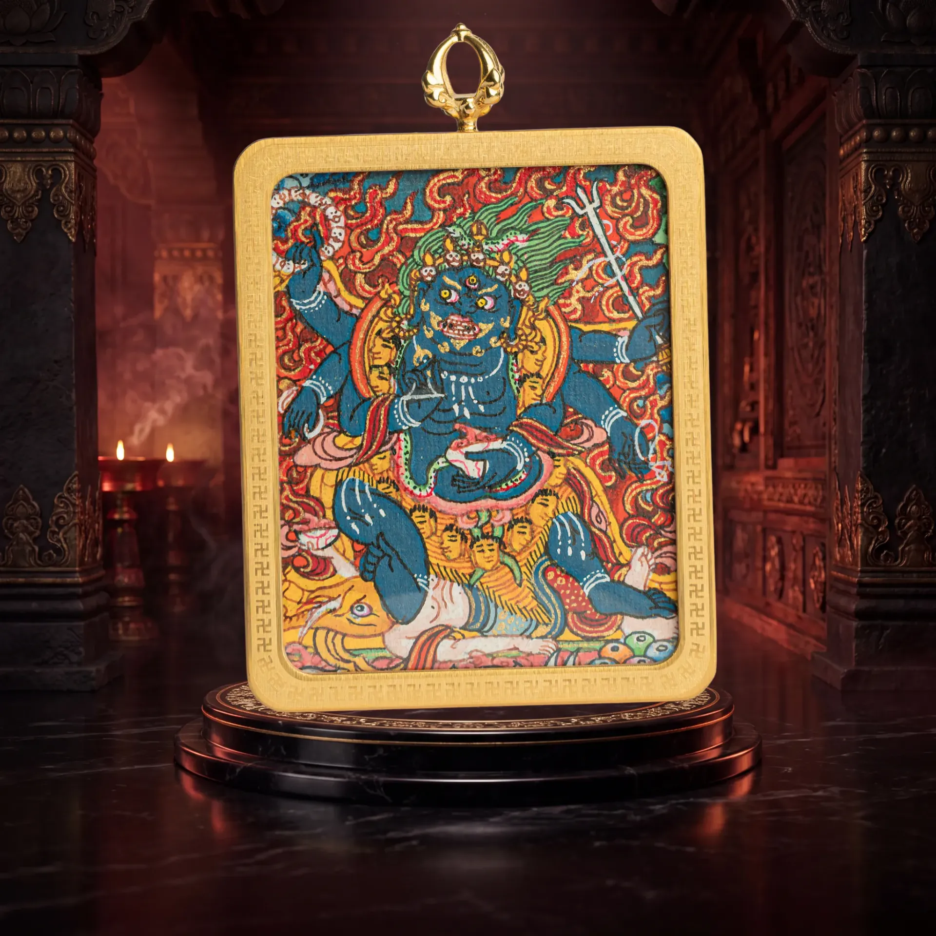 Hand-Painted Six-Armed Mahakala Ghau Locket Thangka Pendant