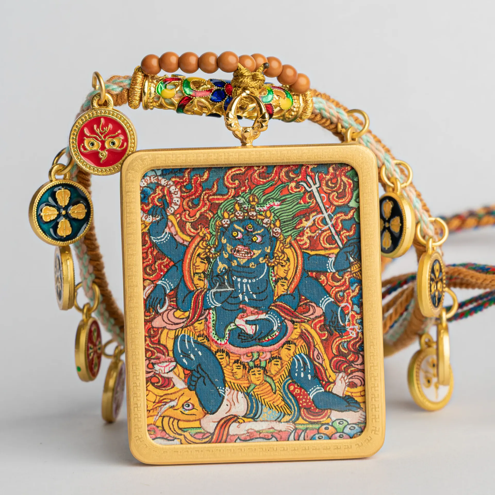 Hand-Painted Six-Armed Mahakala Ghau Locket Thangka Pendant