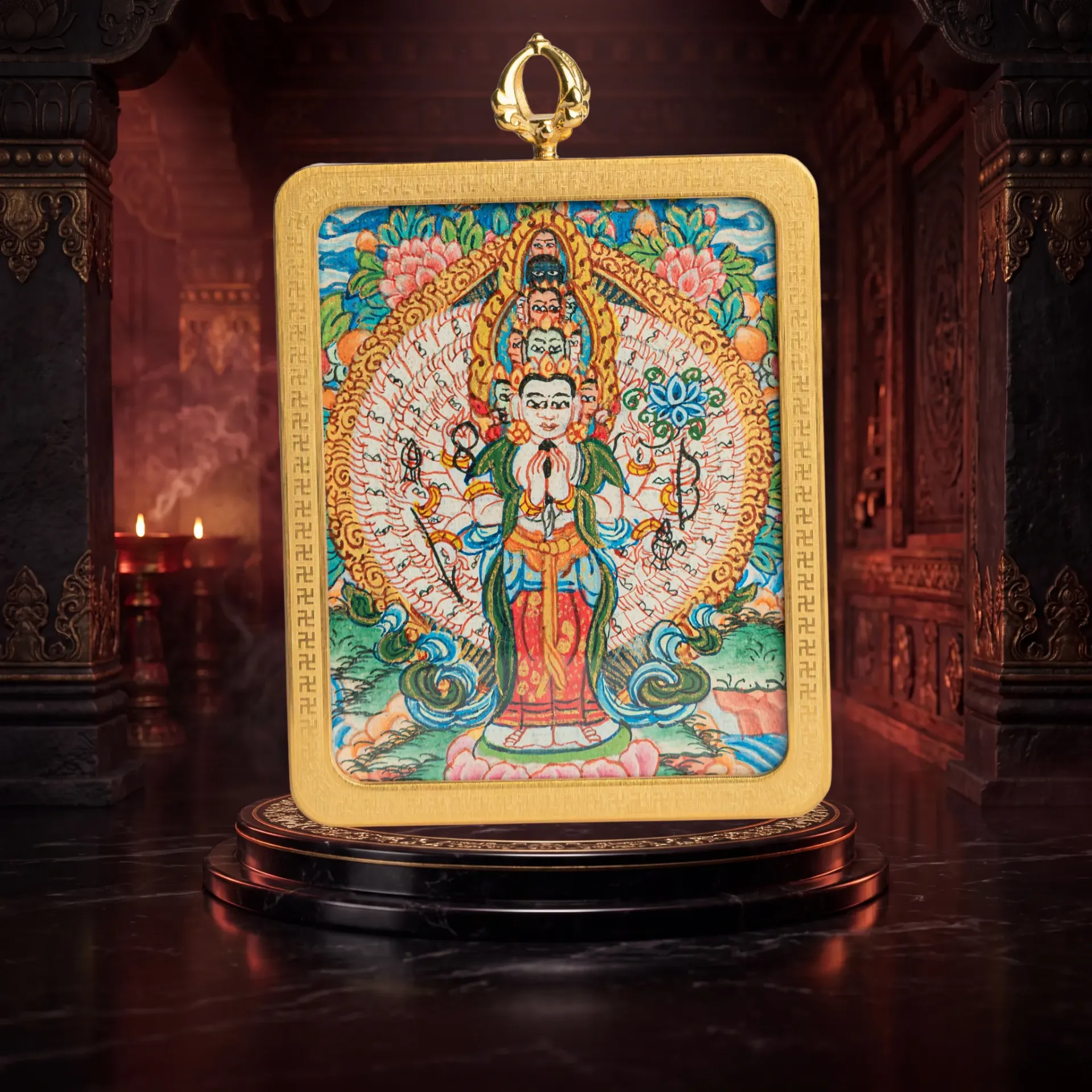 Hand-Painted 1000-Armed Avalokiteshvara (Chenrezig) Ghau Locket Thangka