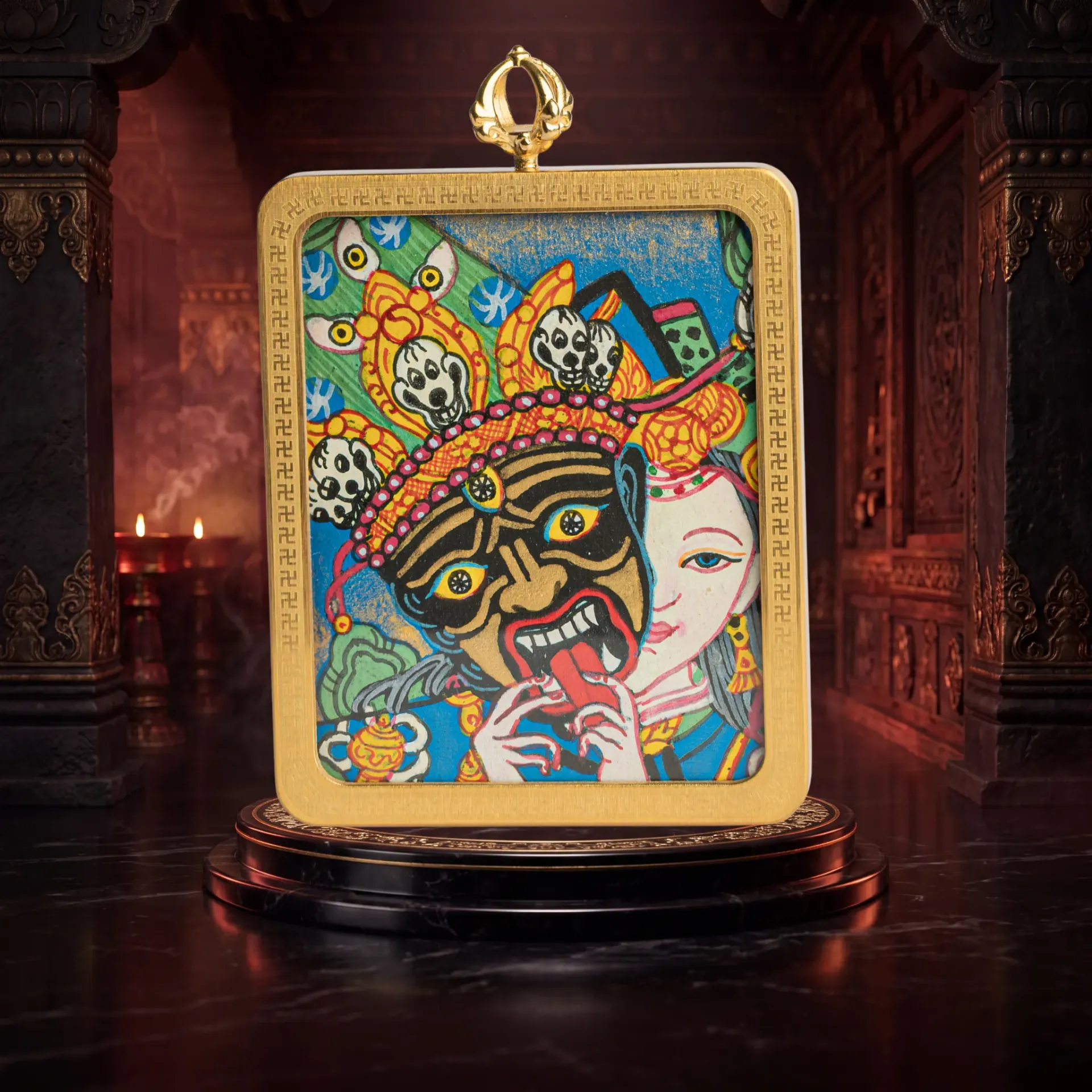 Hand-Painted Zashi Lhamo (Wrathful Wealth Protector) Ghau Locket Thangka