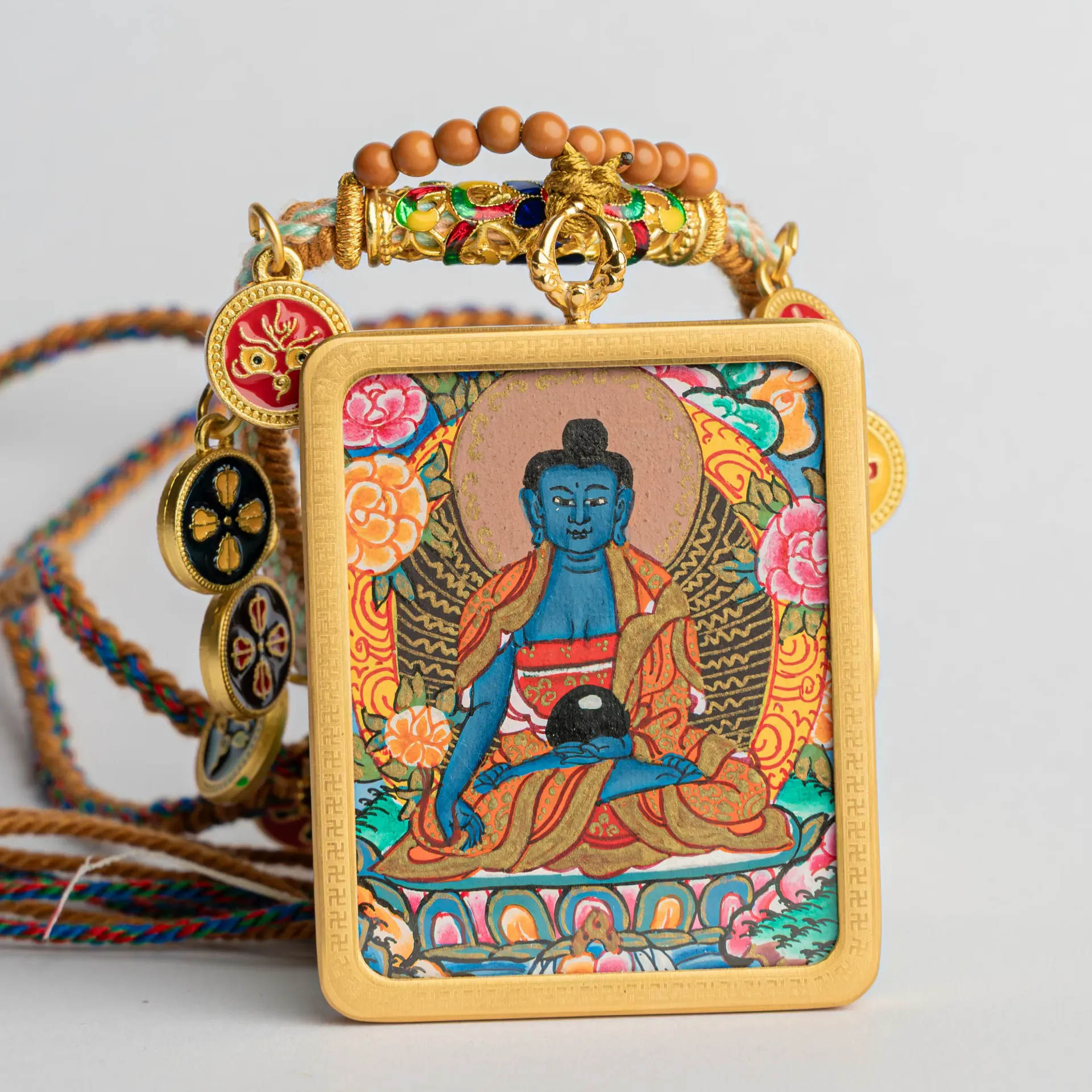 Hand-Painted Medicine Buddha Ghau Locket Thangka Pendant