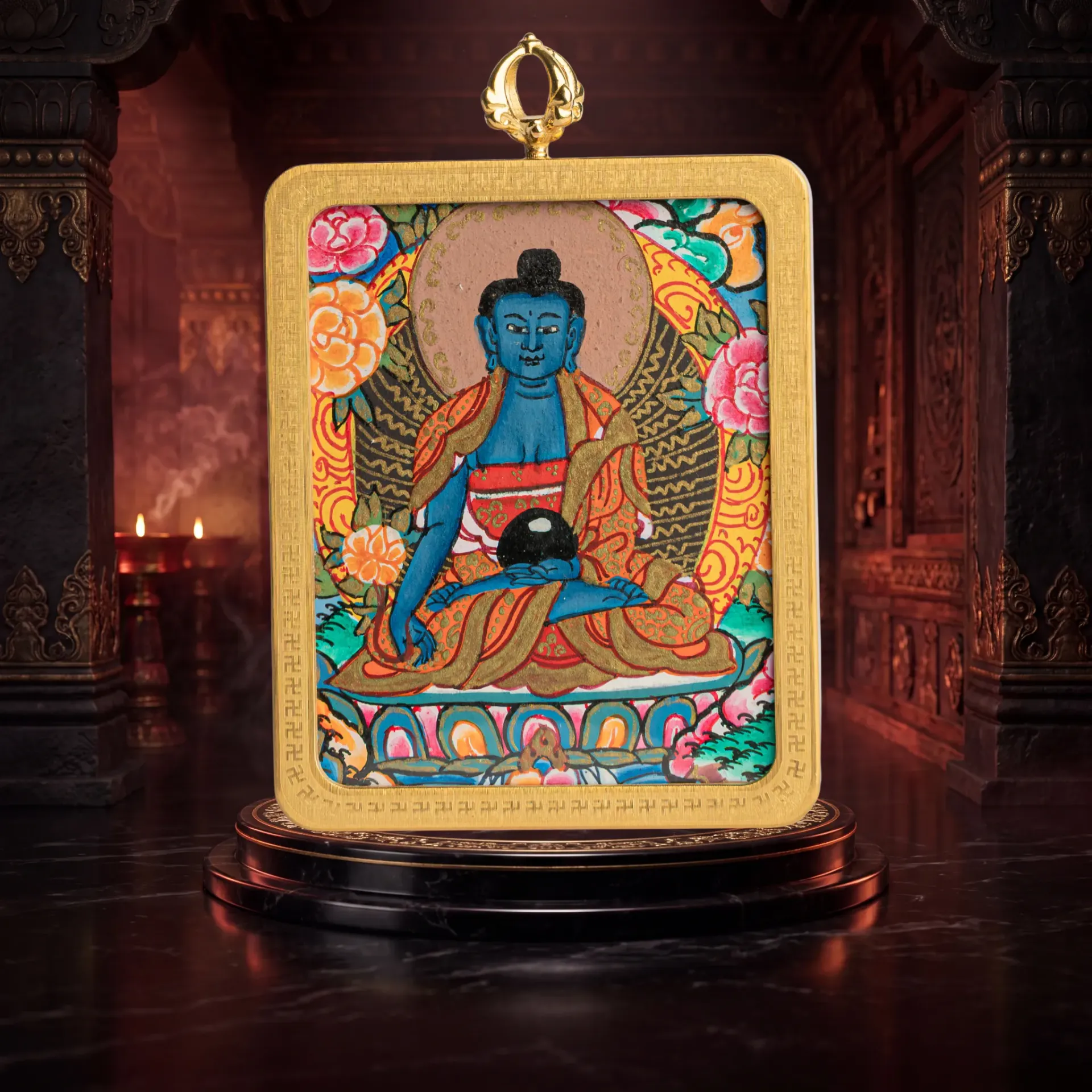 Hand-Painted Medicine Buddha Ghau Locket Thangka Pendant