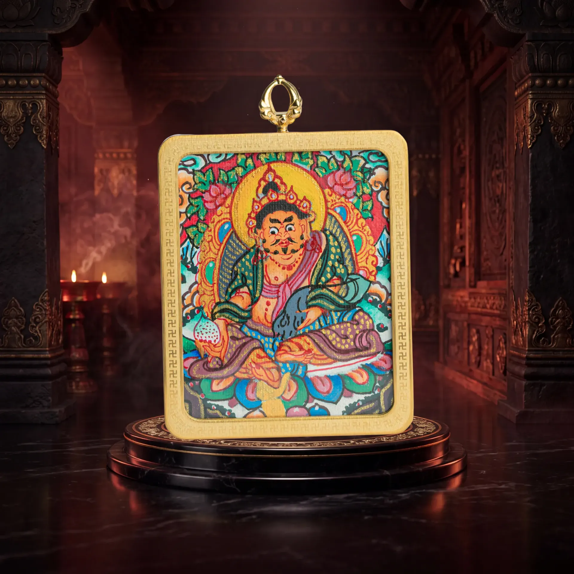 Hand-Painted Yellow Jambhala Ghau Locket Thangka Pendant
