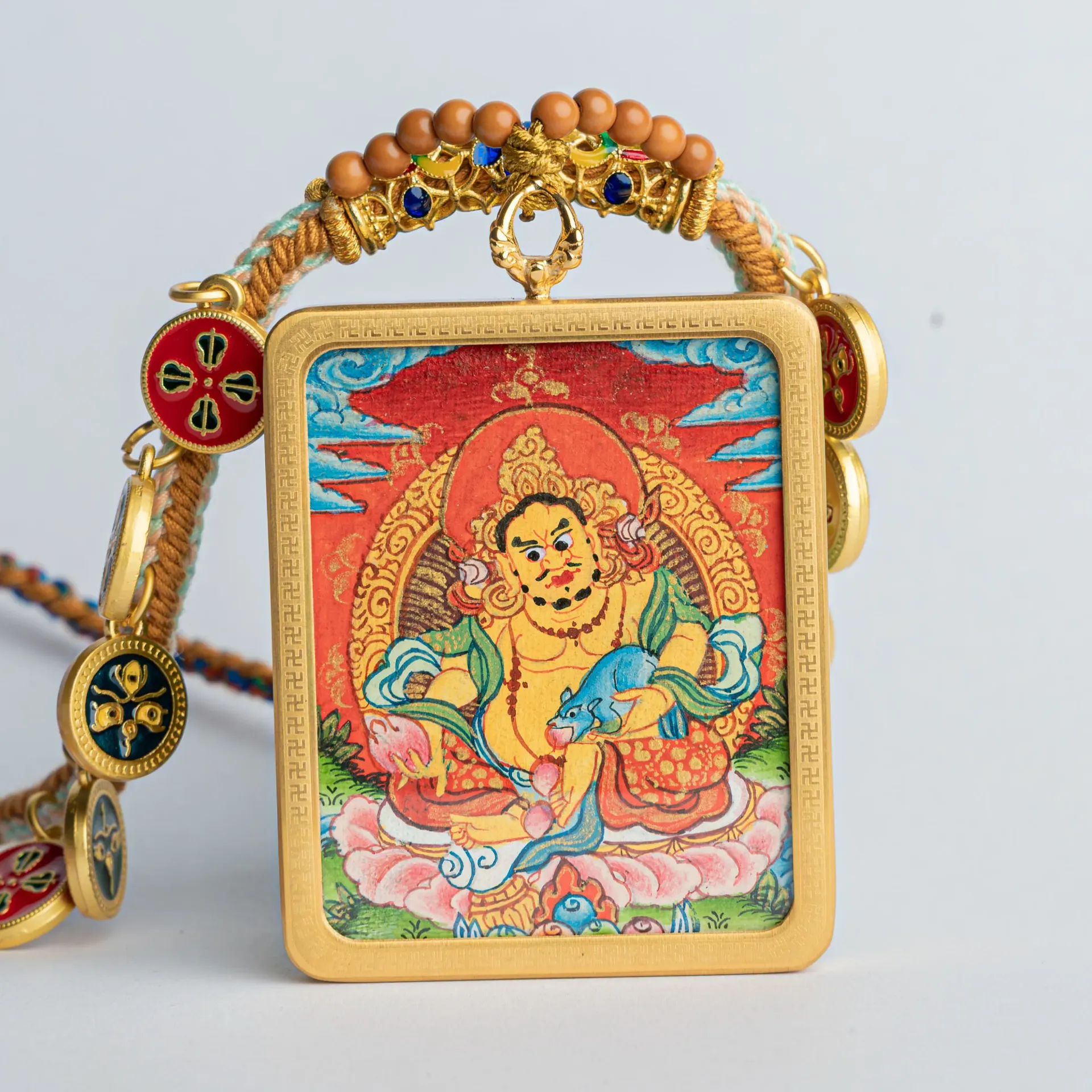 Premium Yellow Jambhala Miniature Thangka Ghau Locket Pendant