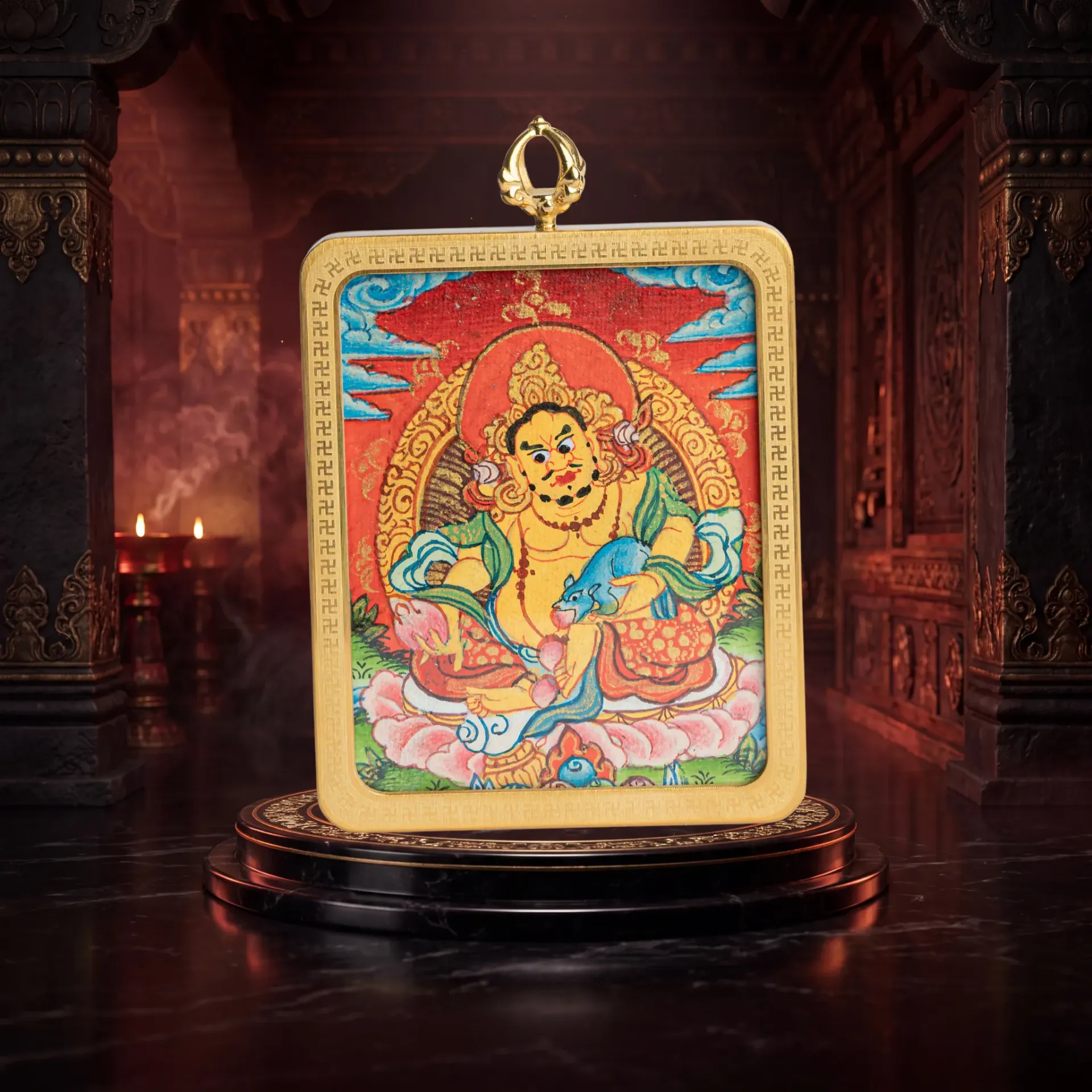 Premium Yellow Jambhala Miniature Thangka Ghau Locket Pendant